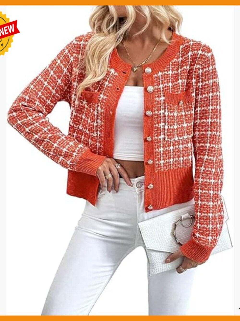 Tweed Plaid Cardigan Blazer Button Front Crew Neck Long Sleeve Knit Jacket